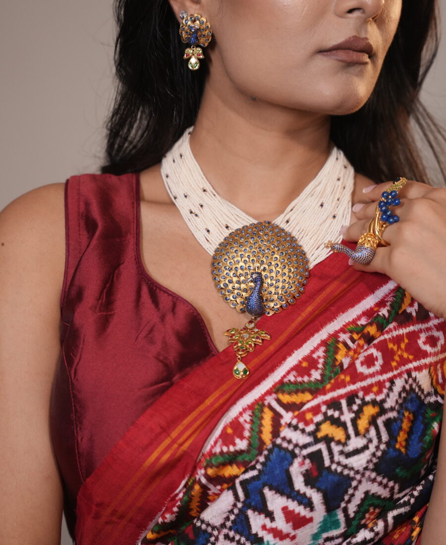 Royal Azure Peacock Statement Necklace with Multi-Strand Pearls